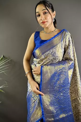 blue color zari weaving work kanjivaram tissue art silk blend saree