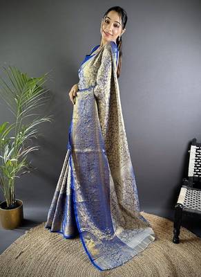 blue color zari weaving work kanjivaram tissue art silk blend saree 3