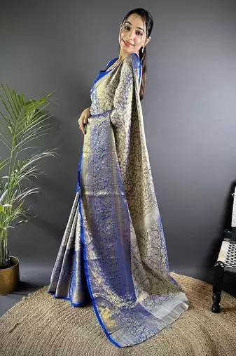 blue color zari weaving work kanjivaram tissue art silk blend saree