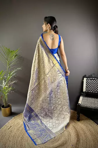 blue color zari weaving work kanjivaram tissue art silk blend saree