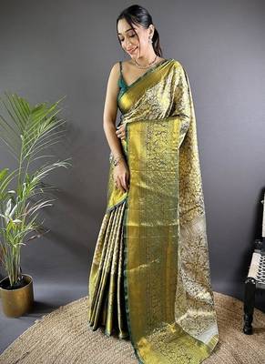green color zari weaving work kanjivaram tissue art silk blend saree 1