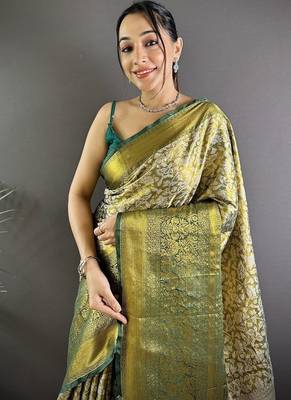 green color zari weaving work kanjivaram tissue art silk blend saree 2