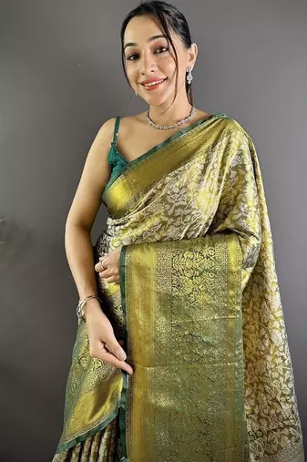green color zari weaving work kanjivaram tissue art silk blend saree