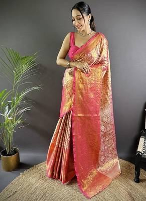 red color zari weaving work kanjivaram tissue art silk blend saree 1