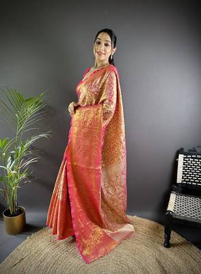 red color zari weaving work kanjivaram tissue art silk blend saree 3