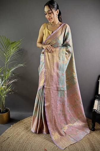 levender color zari weaving work kanjivaram tissue silk saree