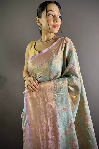levender color zari weaving work kanjivaram tissue silk blend saree