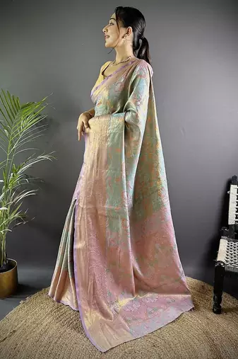 levender color zari weaving work kanjivaram tissue silk blend saree