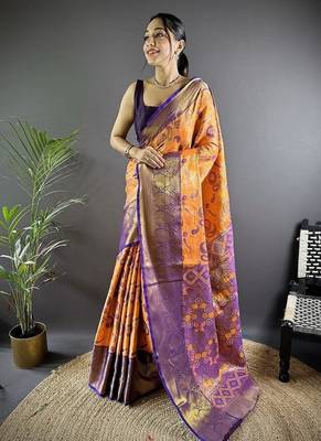 orange color zari weaving work kanjivaram tissue silk blend saree 1