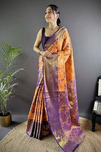 orange color zari weaving work kanjivaram tissue silk saree