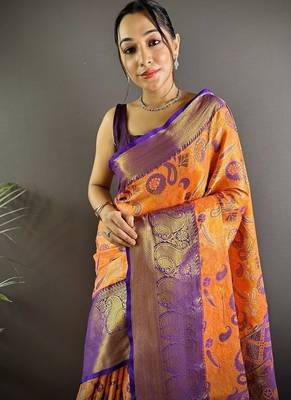 orange color zari weaving work kanjivaram tissue silk blend saree 2