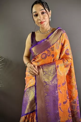 orange color zari weaving work kanjivaram tissue silk blend saree