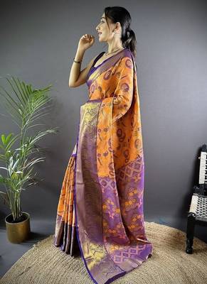 orange color zari weaving work kanjivaram tissue silk blend saree 3