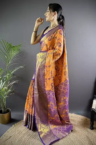 orange color zari weaving work kanjivaram tissue silk blend saree