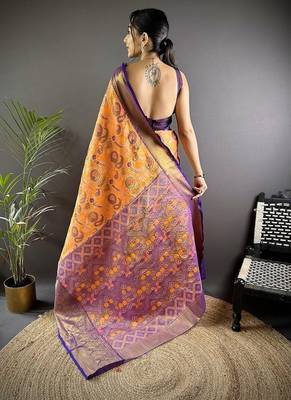 orange color zari weaving work kanjivaram tissue silk blend saree 4