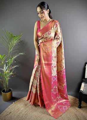 pink color zari weaving work kanjivaram tissue silk blend saree 1