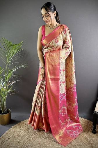 pink color zari weaving work kanjivaram tissue silk saree