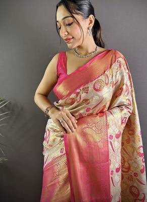 pink color zari weaving work kanjivaram tissue silk blend saree 2