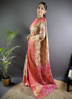 pink color zari weaving work kanjivaram tissue silk blend saree 3