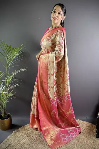 pink color zari weaving work kanjivaram tissue silk blend saree