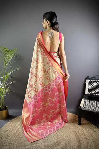 pink color zari weaving work kanjivaram tissue silk blend saree