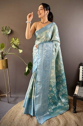 chiku & skyblue color zari weaving work kanjivaram tissue silk saree
