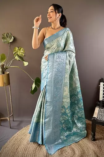 chiku & skyblue color zari weaving work kanjivaram tissue silk saree