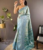 chiku & skyblue color zari weaving work kanjivaram tissue silk saree