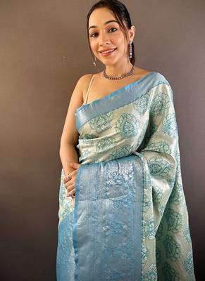 chiku & skyblue zari weaving work kanjivaram tissue silk blend saree 2