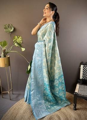 chiku & skyblue zari weaving work kanjivaram tissue silk blend saree 3