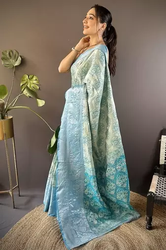 chiku & skyblue color zari weaving work kanjivaram tissue silk blend saree