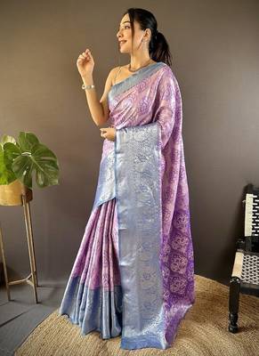 levender & skyblue color zari weaving work kanjivaram tissue silk blend saree 1