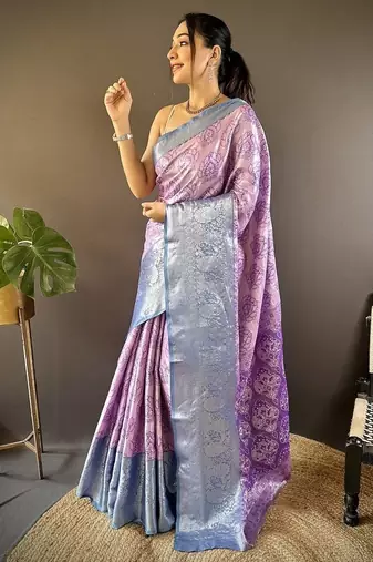 levender & skyblue color zari weaving work kanjivaram tissue silk saree