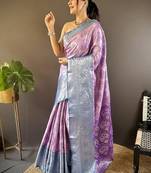 levender & skyblue color zari weaving work kanjivaram tissue silk saree