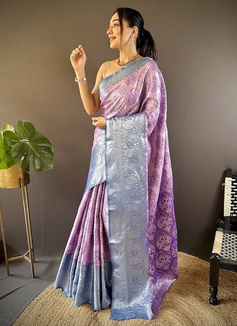 levender & skyblue color zari weaving work kanjivaram tissue silk saree