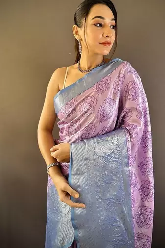 levender & skyblue color zari weaving work kanjivaram tissue silk blend saree