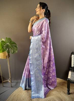 levender & skyblue color zari weaving work kanjivaram tissue silk blend saree 3