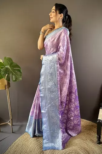 levender & skyblue color zari weaving work kanjivaram tissue silk blend saree