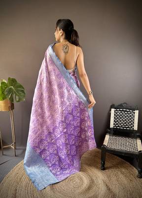 levender & skyblue color zari weaving work kanjivaram tissue silk blend saree 4
