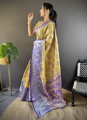 yellow & purple blue color zari weaving work kanjivaram tissue silk blend saree 1