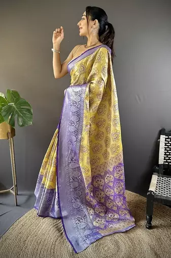 yellow & purple blue color zari weaving work kanjivaram tissue silk saree