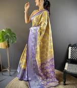 yellow & purple blue color zari weaving work kanjivaram tissue silk saree