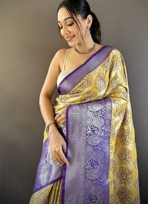 yellow & purple blue color zari weaving work kanjivaram tissue silk blend saree 2