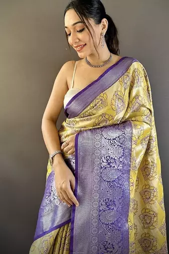 yellow & purple blue color zari weaving work kanjivaram tissue silk blend saree