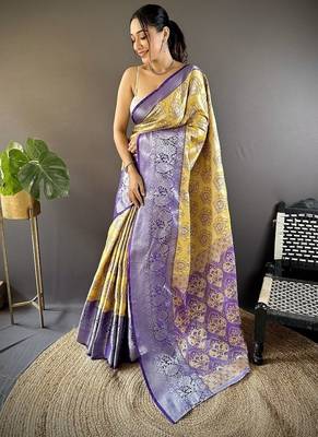 yellow & purple blue color zari weaving work kanjivaram tissue silk blend saree 3