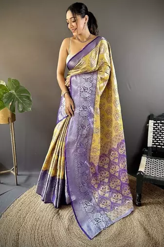 yellow & purple blue color zari weaving work kanjivaram tissue silk blend saree