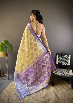 yellow & purple blue color zari weaving work kanjivaram tissue silk blend saree 4