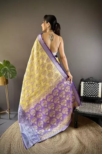 yellow & purple blue color zari weaving work kanjivaram tissue silk blend saree