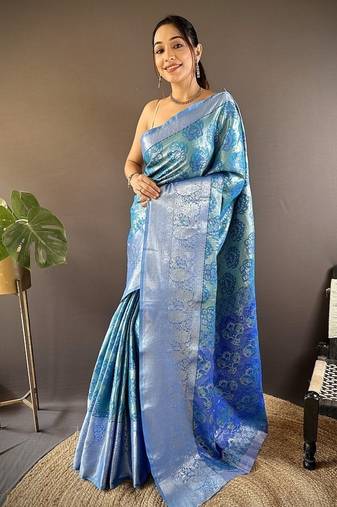 sky blue color zari weaving work kanjivaram tissue silk saree
