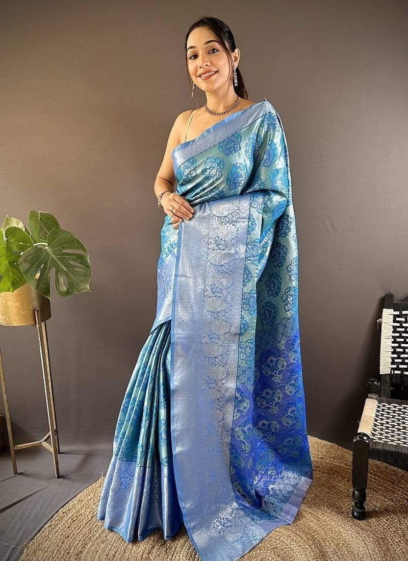 sky blue color zari weaving work kanjivaram tissue silk saree